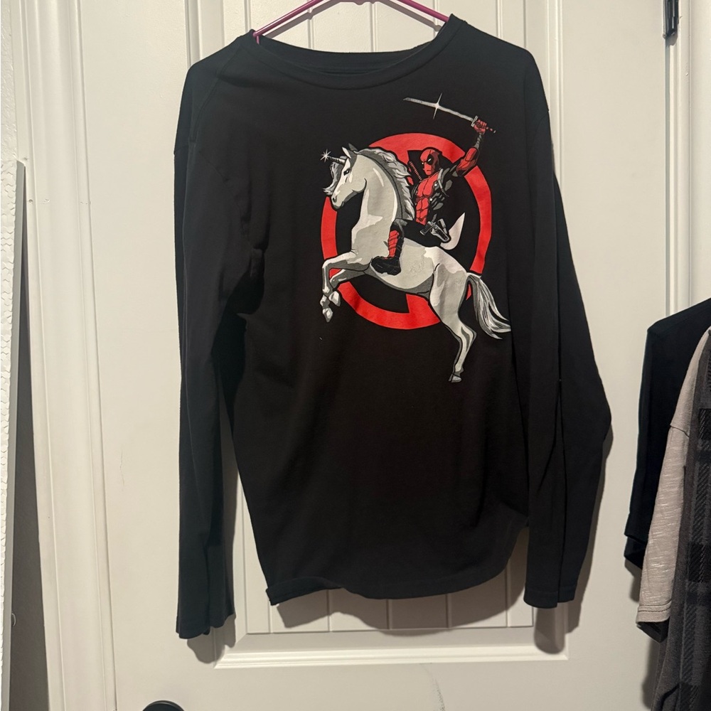 Black Long Sleeve Shirt with Red and White Graphic